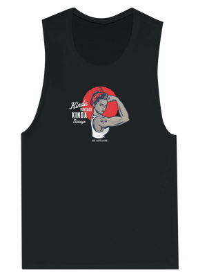 Black muscle tank top with an Old Lady Gains graphic Rosie design 