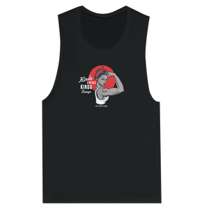 Black muscle tank top with an Old Lady Gains graphic Rosie design 