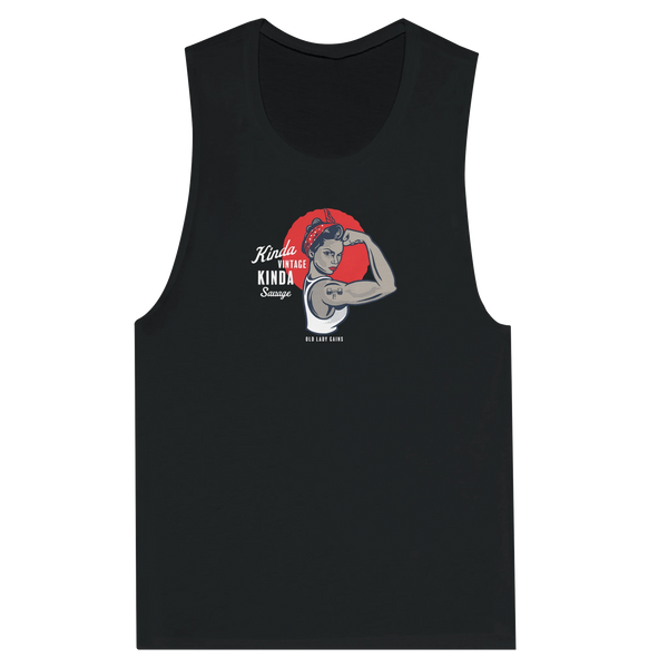 Black muscle tank top with an Old Lady Gains graphic Rosie design 