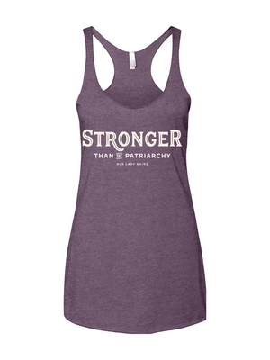 Purple tank top with 'Stronger than Patriarchy' text on a white background