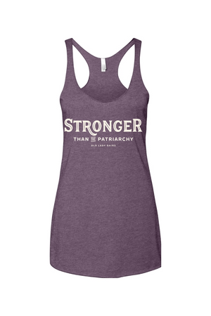 Purple tank top with 'Stronger than Patriarchy' text on a white background