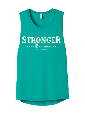Teal tank top with 'STRONGER THAN THE PATRIARCHY' text on a white background