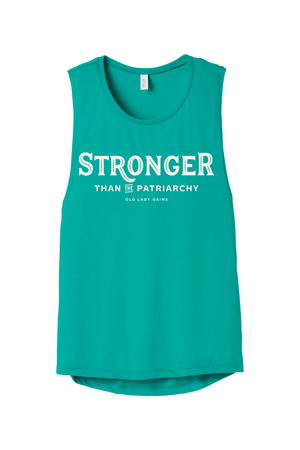 Teal tank top with 'STRONGER THAN THE PATRIARCHY' text on a white background