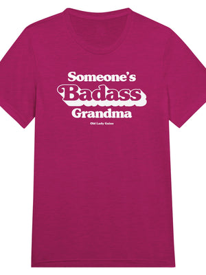 Front view of Someone’s Badass Grandma triblend unisex t-shirt by Old Lady Gains, heather berry soft fit.