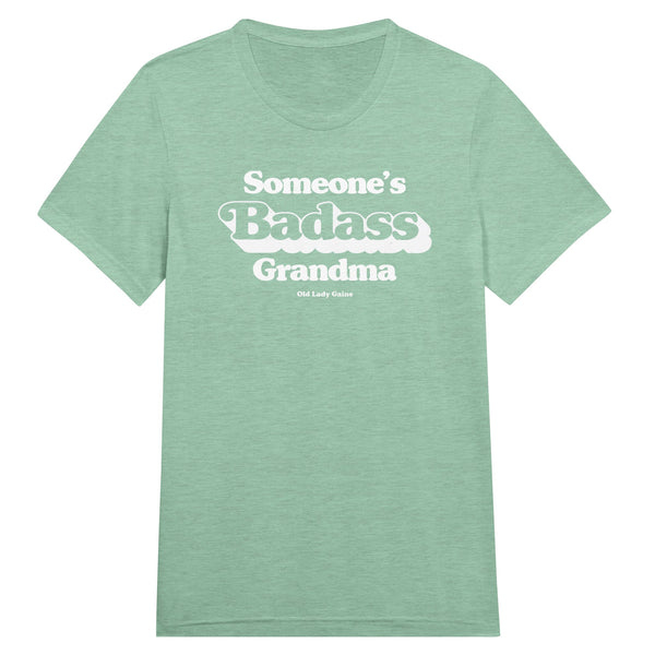 Front view of Someone’s Badass Grandma triblend unisex t-shirt by Old Lady Gains, heather mint soft fit.