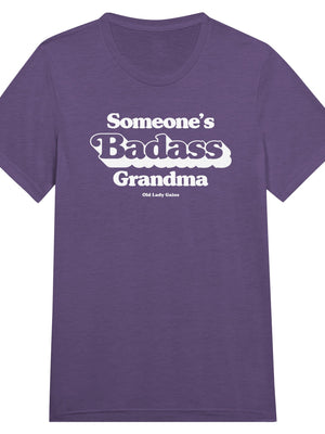 Front view of Someone’s Badass Grandma triblend unisex t-shirt by Old Lady Gains, heather purple soft fit.