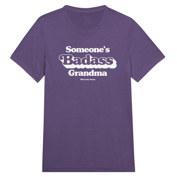 Front view of Someone’s Badass Grandma triblend unisex t-shirt by Old Lady Gains, heather purple soft fit.