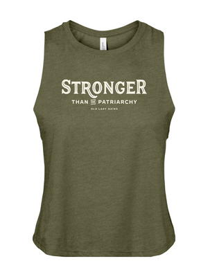 Green tank top with 'Stronger Than the Patriarchy' text on a white background