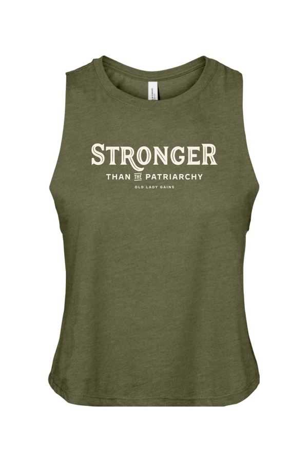 Green tank top with 'Stronger Than the Patriarchy' text on a white background