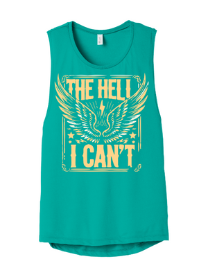 Empowering women's workout tank for women over 40 featuring The Hell I Can't graphic