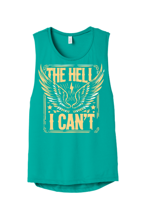 Empowering women's workout tank for women over 40 featuring The Hell I Can't graphic