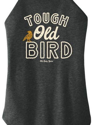 Black tank top with 'Tough Old Bird' text and a bird graphic on a white background