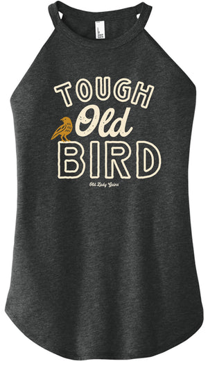 Black tank top with 'Tough Old Bird' text and a bird graphic on a white background