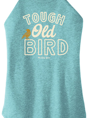 Teal tank top with 'Tough Old Bird' text and a bird graphic on a white background