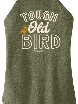 Vintage Tough Old Bird graphic shirt for strong women over 40 featuring bold lettering and small bird illustration in retro style.