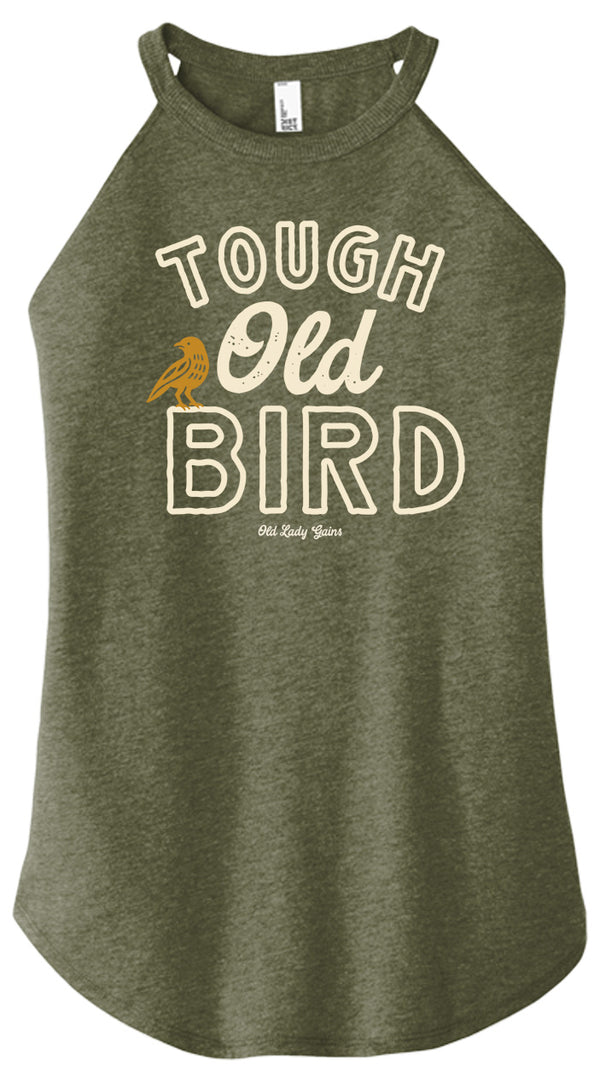 Vintage Tough Old Bird graphic shirt for strong women over 40 featuring bold lettering and small bird illustration in retro style.