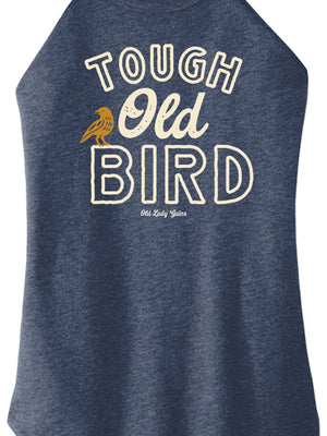 Navy blue tank top with 'Tough Old Bird' text and graphic on a white background
