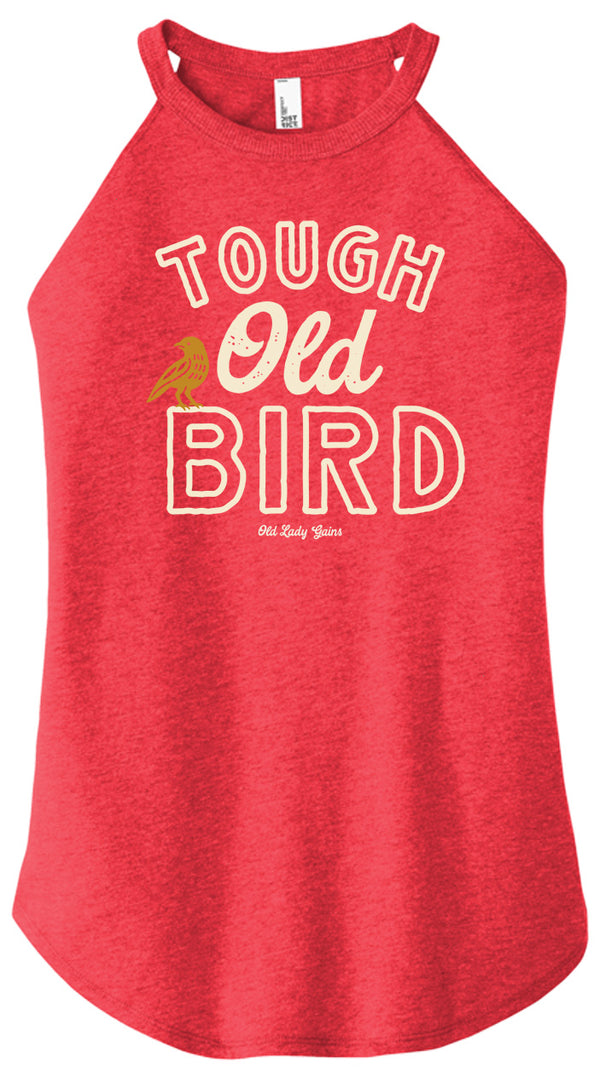 Red tank top with 'Tough Old Bird' text and graphic on a white background