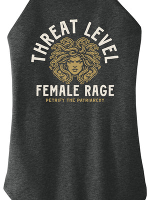 Black tank top with graphic design and text 'Threat Level Female Rage' on a white background