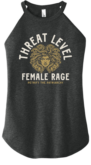 Black tank top with graphic design and text 'Threat Level Female Rage' on a white background