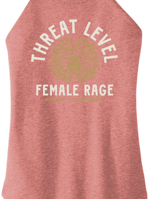 Red tank top with 'Threat Level Female Rage' text and graphic on a white background