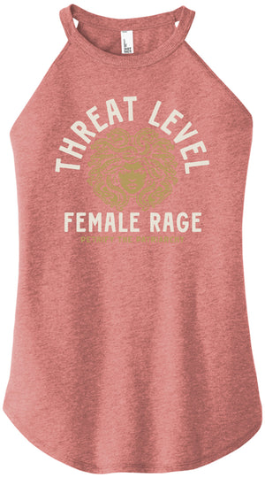 Red tank top with 'Threat Level Female Rage' text and graphic on a white background