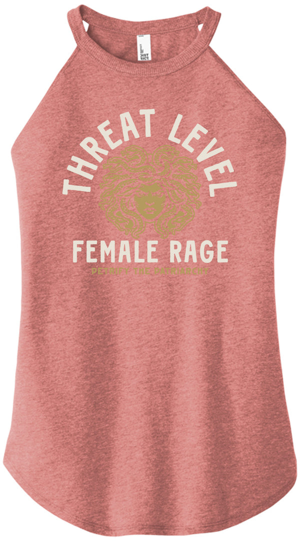 Red tank top with 'Threat Level Female Rage' text and graphic on a white background