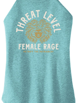 Teal tank top with 'Threat Level Female Rage' graphic design on a white background
