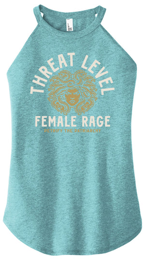 Teal tank top with 'Threat Level Female Rage' graphic design on a white background