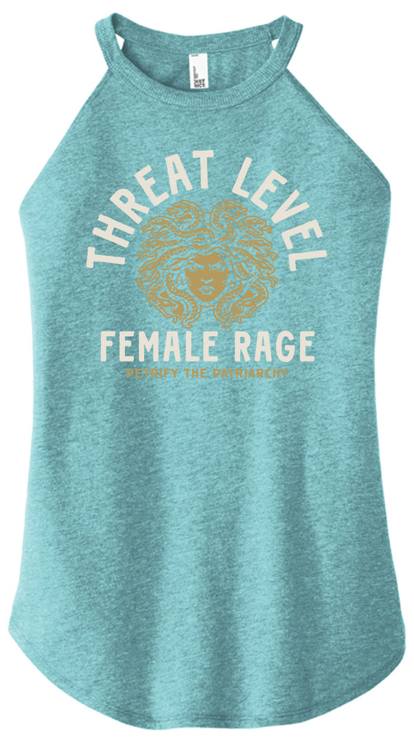 Teal tank top with 'Threat Level Female Rage' graphic design on a white background