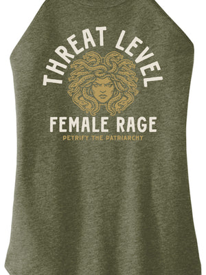 Green tank top with 'Threat Level Female Rage' graphic design on a white background