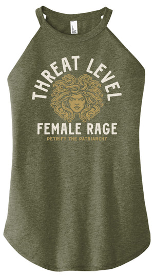 Green tank top with 'Threat Level Female Rage' graphic design on a white background