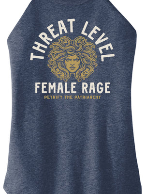 Blue tank top with graphic design and text 'Threat Level Female Rage' on a white background
