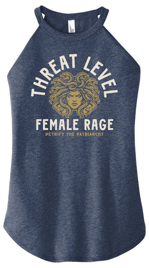 Blue tank top with graphic design and text 'Threat Level Female Rage' on a white background