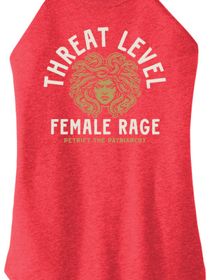 Red tank top with 'Threat Level Female Rage' graphic design on a white background