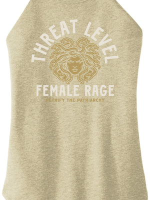 Beige tank top with graphic design and text on a white background