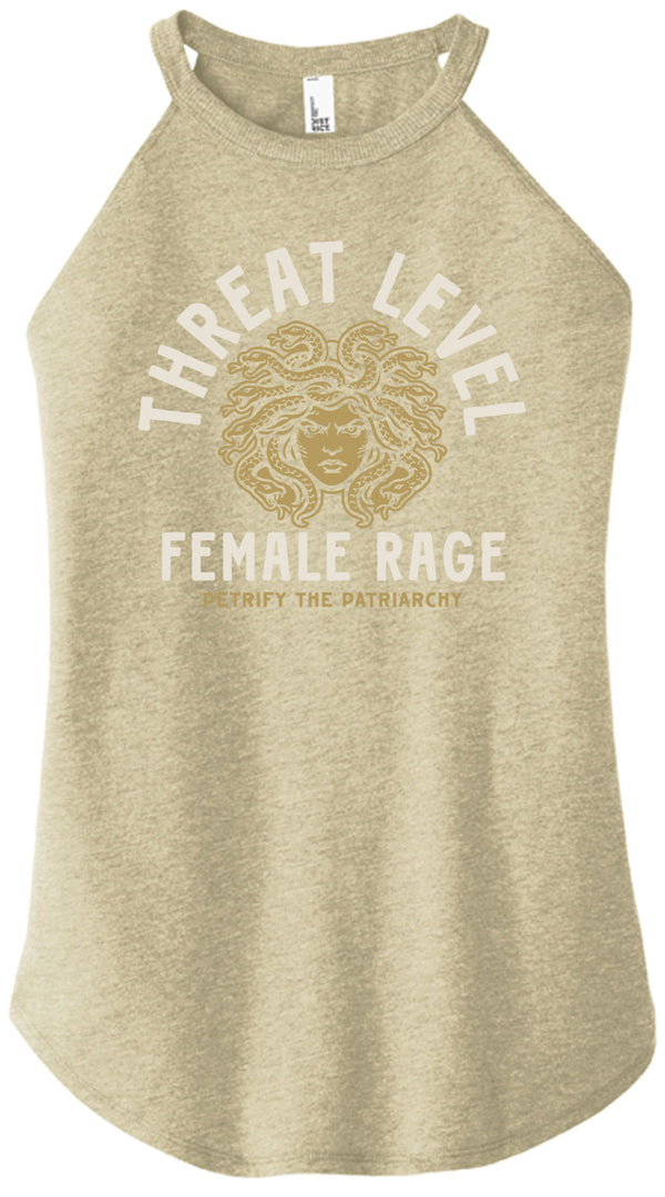 Beige tank top with graphic design and text on a white background
