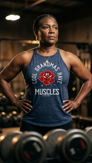 Women over 50 standing in a gym wearing Old Lady Gains Cool Grandmas Have Muscles navy halter tank