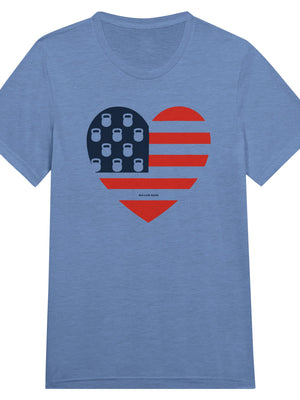 Blue t-shirt with a graphic of a heart with kettlebells and a USA Flag red white and blue colors.
