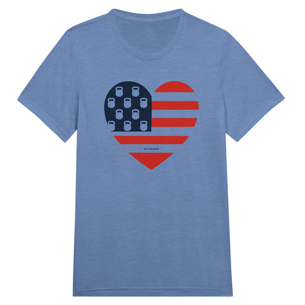 Blue t-shirt with a graphic of a heart with kettlebells and a USA Flag red white and blue colors.