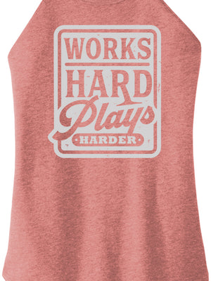 Red tank top with 'Works Hard, Plays Harder' text on a white background