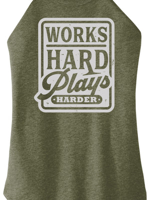 Green tank top with 'Works Hard, Plays Harder' text on a white background