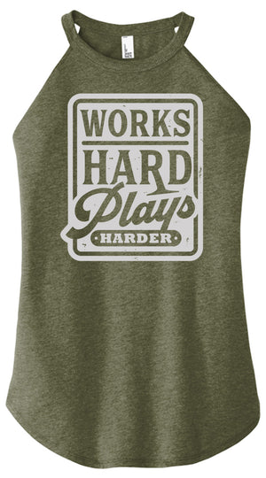 Green tank top with 'Works Hard, Plays Harder' text on a white background