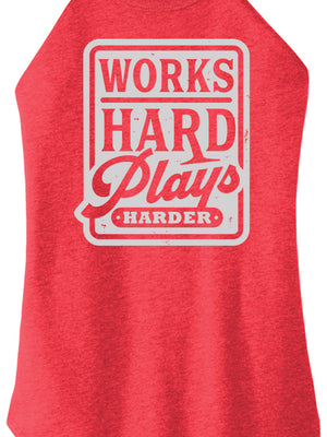 Red tank top with 'Works Hard, Plays Harder' text on a white background