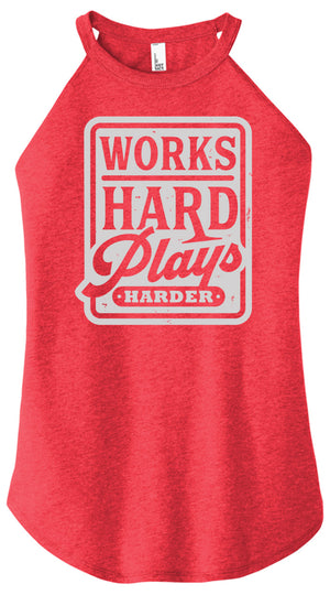 Red tank top with 'Works Hard, Plays Harder' text on a white background
