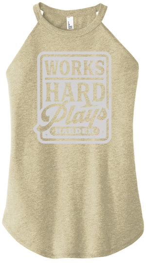 Beige tank top with 'Works Hard Plays Harder' text on a white background