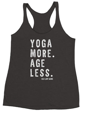 Soft lightweight triblend tank top promoting healthy aging through yoga, movement, and strength training.