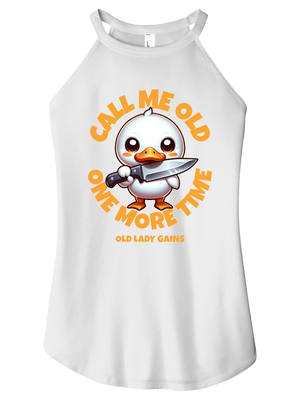 White tank top with cartoon duck design and text on a white background