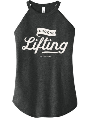 Black halter tank top with 'Choose Lifting' text on a white background