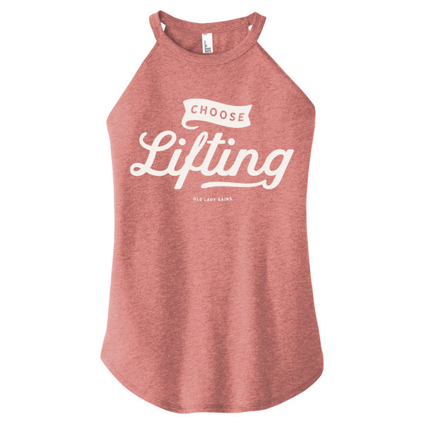 Blush tank top with 'Choose Lifting' text on a white background